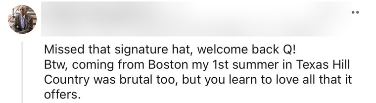 A LinkedIn comment welcoming Quentin back
