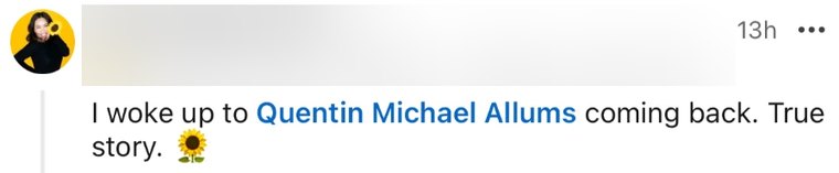 A LinkedIn comment welcoming Quentin back