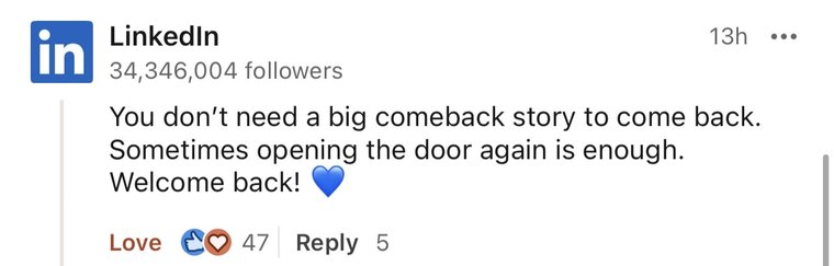 A LinkedIn comment welcoming Quentin back