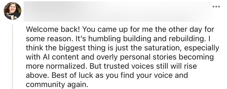 A LinkedIn comment welcoming Quentin back