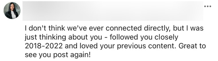 A LinkedIn comment welcoming Quentin back