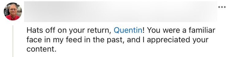 A LinkedIn comment welcoming Quentin back