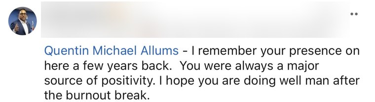 A LinkedIn comment welcoming Quentin back