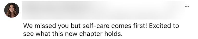 A LinkedIn comment welcoming Quentin back