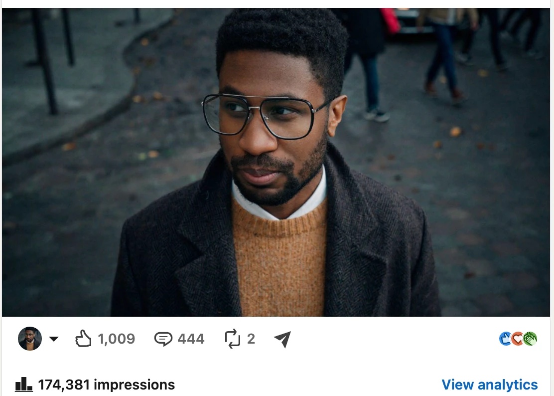 Quentin's first LinkedIn post back: 1,009 likes, 444 comments, 174,381 impressions
